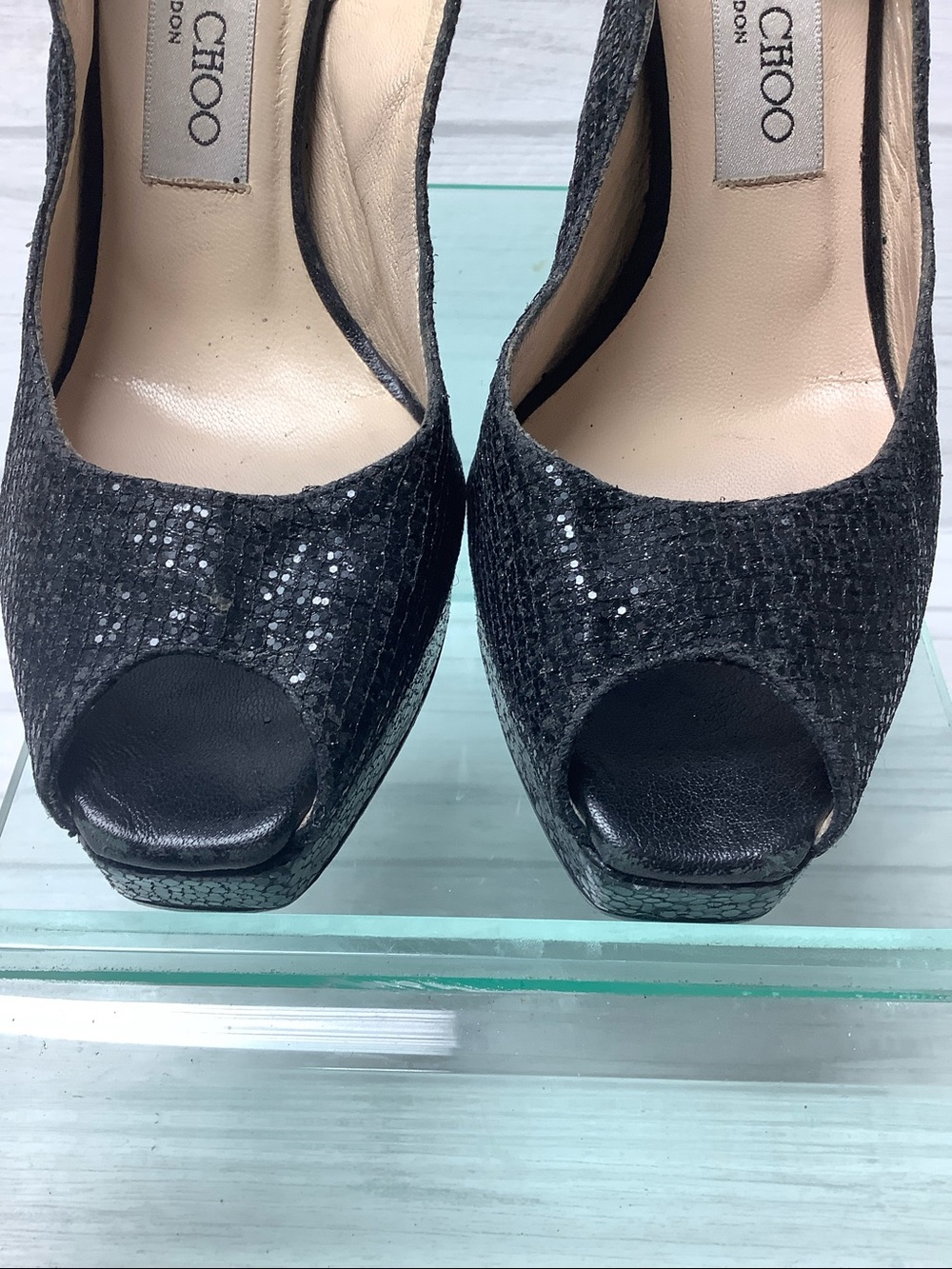 Jimmy Choo Black Glitter Peep-Toe Slingback Heels - Picture 5 of 10
